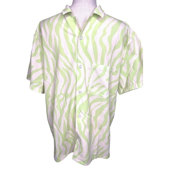 Duvin Mens Lime Green Zebra Print Short Sleeve Button-Up Shirt XL - Picture 1 of 7
